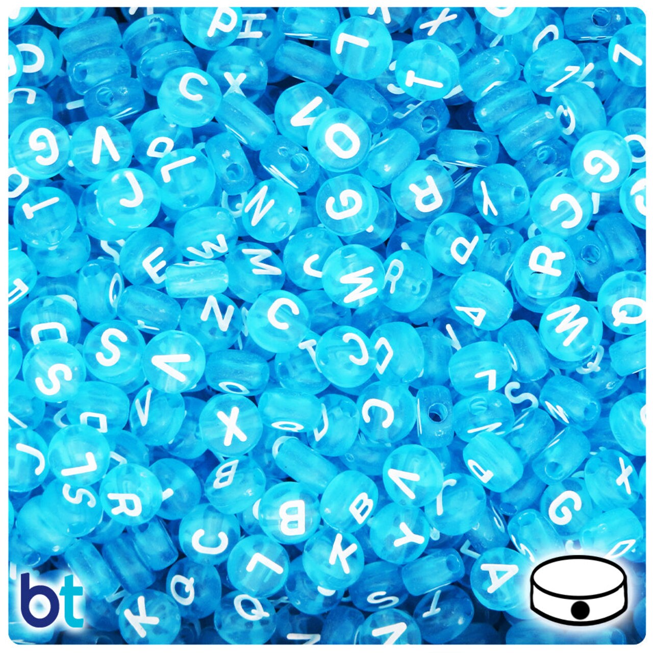 BeadTin Turquoise Transparent 7mm Coin Plastic Alpha Beads - White Letter Mix (250pcs)